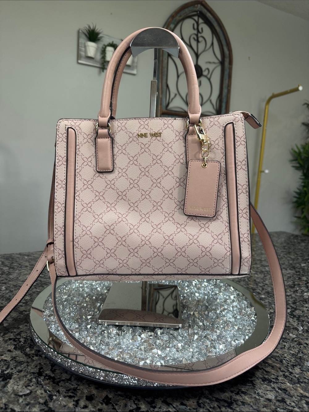 Nine West Dusty Pink Monogram Satchel with Gold Accents EUC